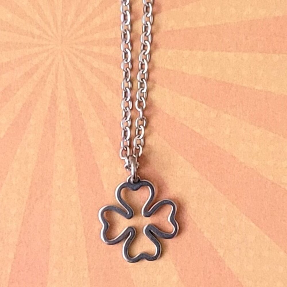 Four Leaf CLOVER Stainless Steel Charm Chain Necklace 18" IRISH Good Luck